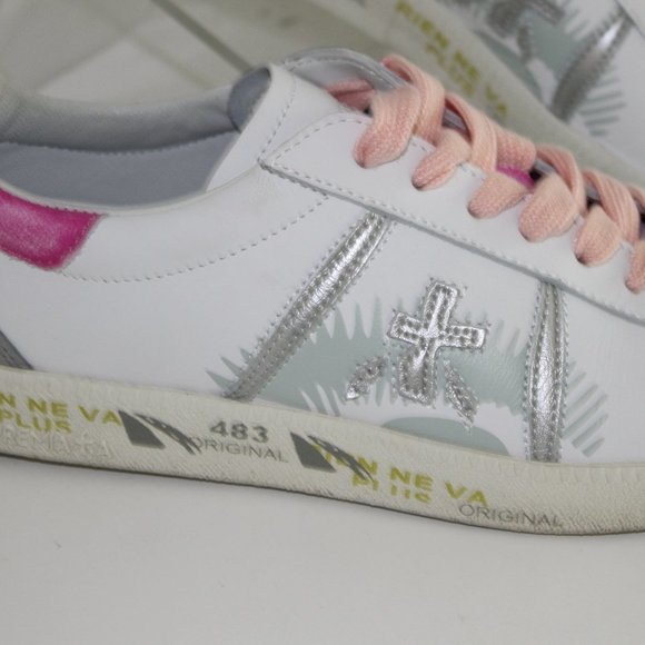 Womens Premiata Light Leather Sneakers White and Pink Shoes 38 EU 8 Worn 2x - Picture 2 of 9